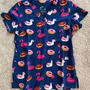 Blue Scrub Top with Pink Flamingo and Donut Print